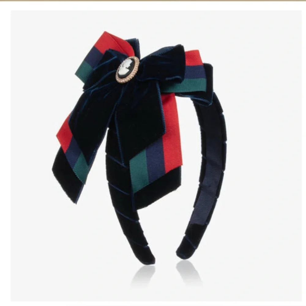 PICCOLA SPERANZA Navy Dress w/bow striped detailing, matching headband/socks 10. - Picture 9 of 13